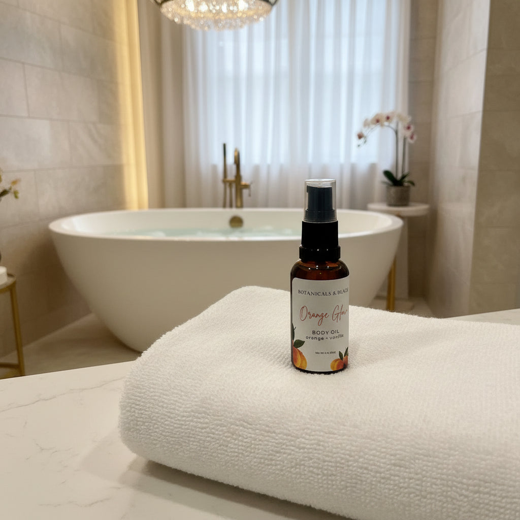 Bottle of 'Orange Glow' body serum on a towel in a bathroom setting