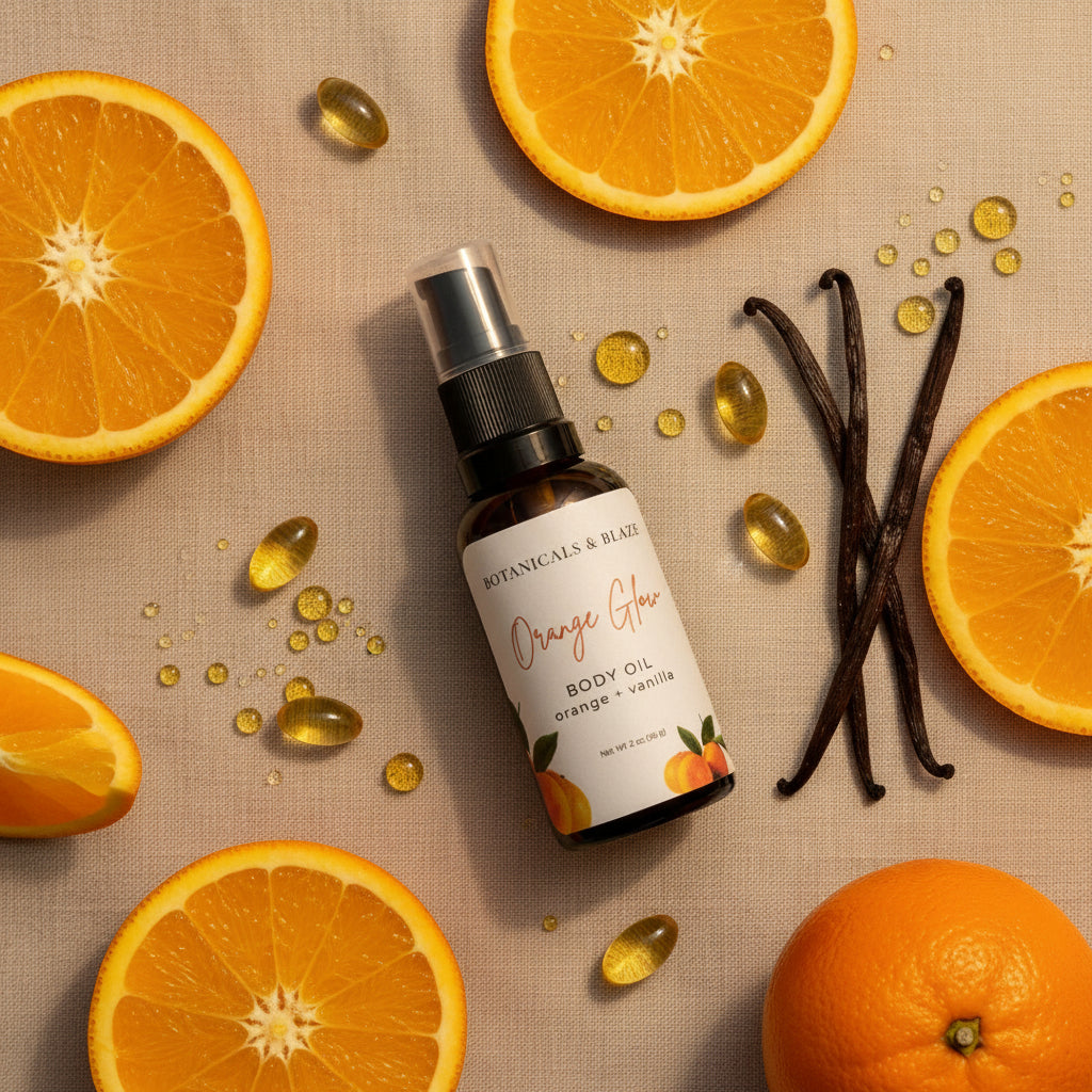Bottle of Orange Glow body serum on a counter with fresh oranges and vanilla