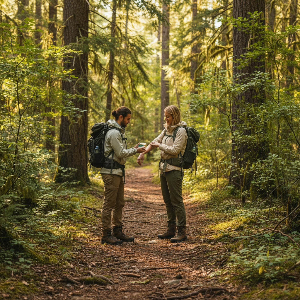 Two hikers in a forest, one handing trailblaze balm to the other on a trail.
