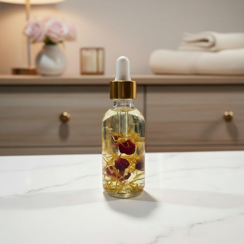 A hand holds a small glass dropper bottle filled with golden oil and dried red flower petals, with a blurred kitchen background.