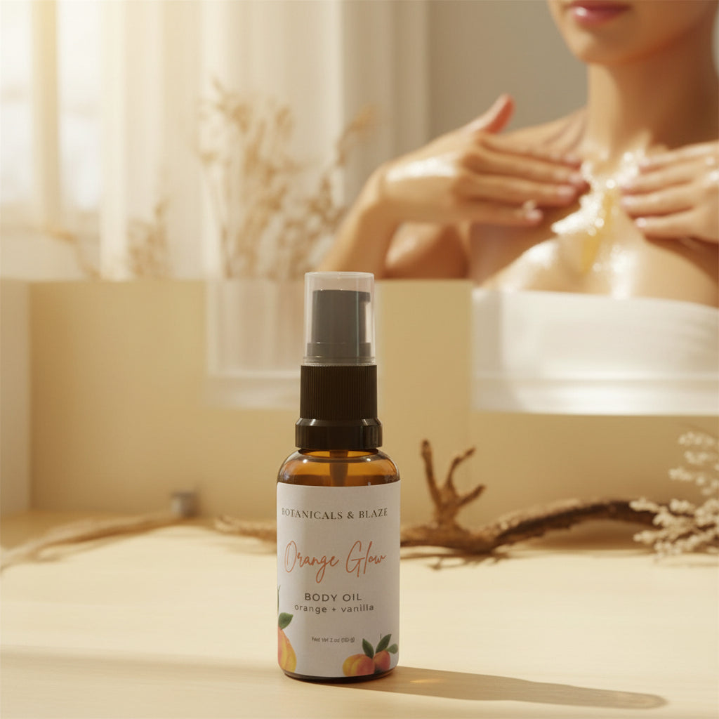 Bottle of Botanicals & Blaze Orange Glow body oil on a light surface with branches in the background