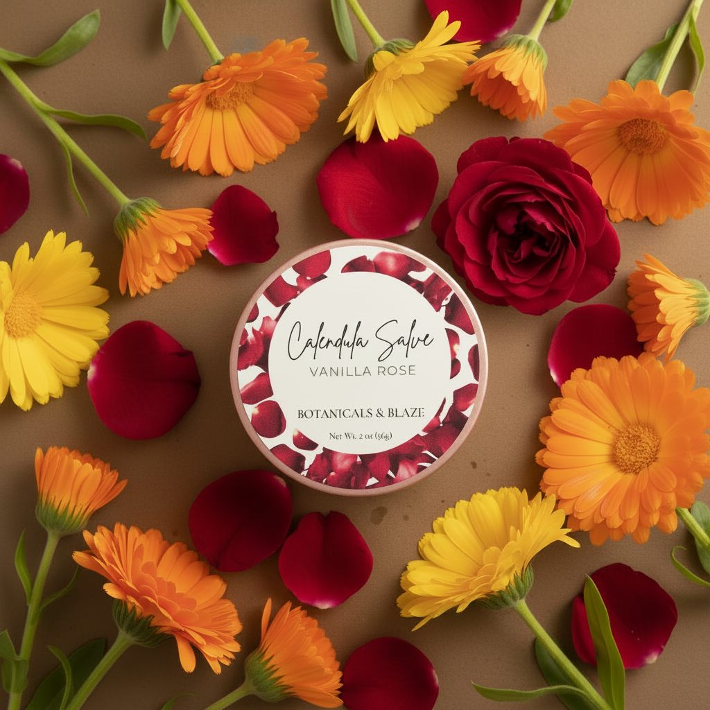 Cosmetic container with 'Vanilla Rose' label surrounded by orange, yellow, and red flowers on a brown background